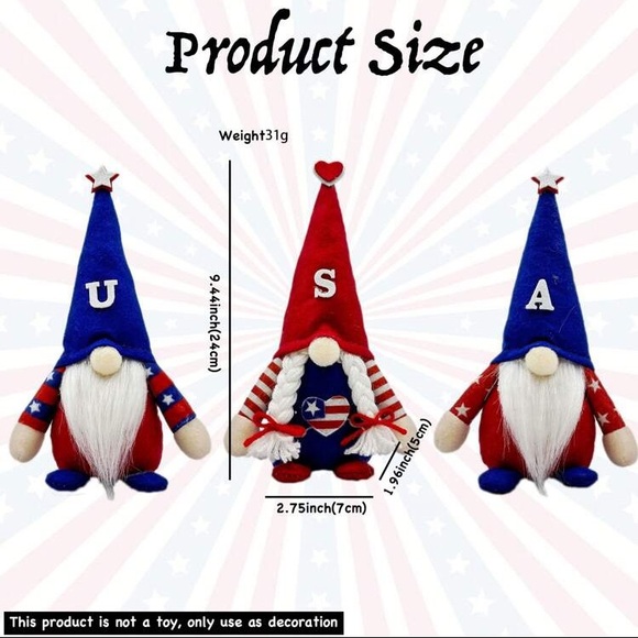 NWT- Set of 3- Patriotic USA Hat Gnomes Trio Decorations - Picture 6 of 6